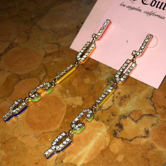 NWT JUICY COUTURE earrings drop rainbow rhinestone crystal logo - Picture 1 of 3